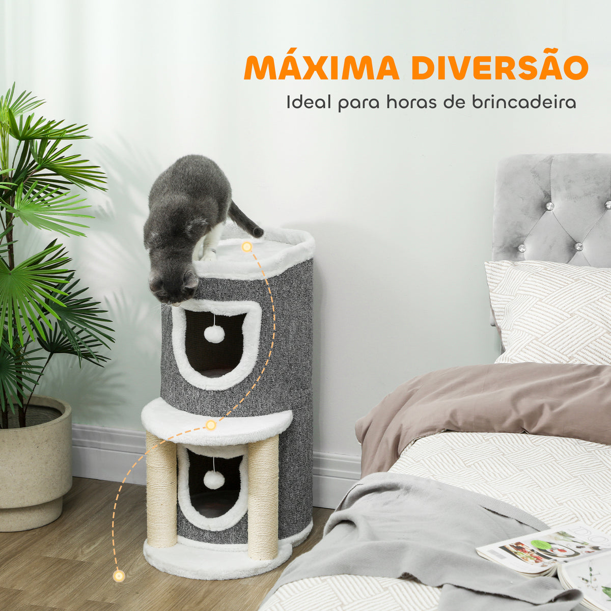 Arranhador para Gatos com Cama 2 Cavernas Postes de Sisal Tapete de Arranhar e Bolas para Brincar 50x36x76 cm Cinzento — foto 4