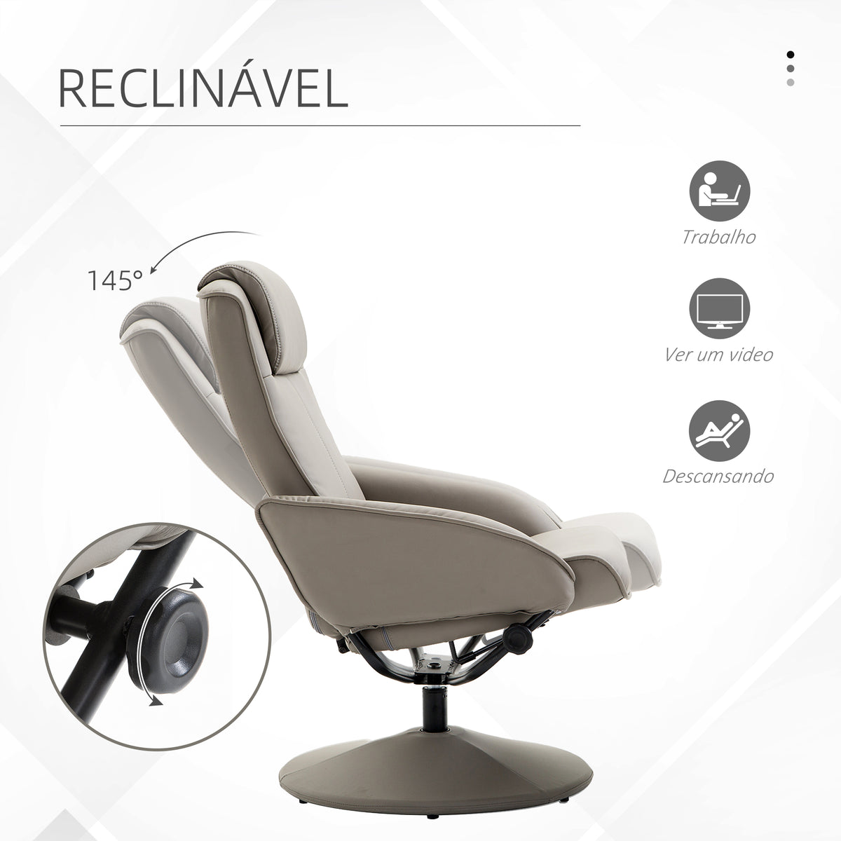 Poltrona Relax Reclinável até 145° com Banco de Apoio para os Pés Poltrona Giratória 360° Estofada em PU e Estrutura de Aço 78x67x98cm Cinza — foto 4