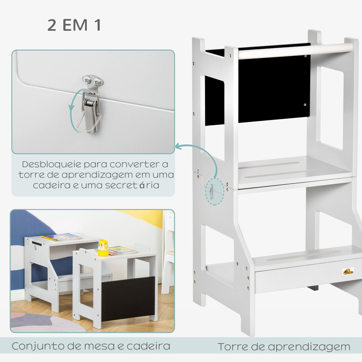 Torre de Aprendizagem para Crianças 3-6 Anos de Madeira Torre de Aprendizagem Infantil Convertível em Secretária com Ardósia e Barra de Segurança para Casa de Banho Cozinha 42x44x86 cm Cinza — foto 4