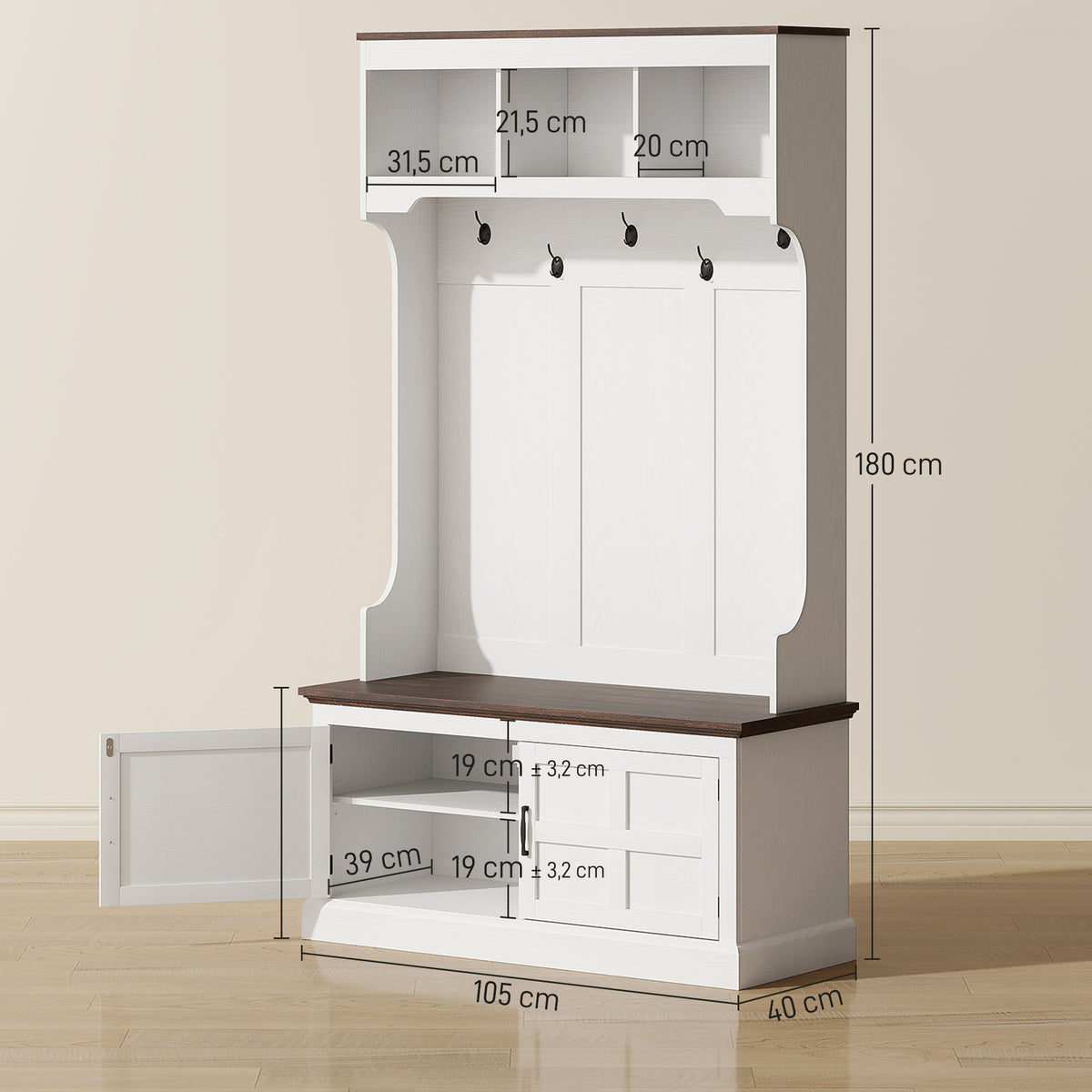 Móvel Cabide de Entrada Móvel de Entrada com Banco Sapateira 5 Ganchos 3 Prateleiras Armário e Compartimentos Estilo Rústico para Corredor Quarto Sala de Estar 105x40x180 cm Branco — foto 3