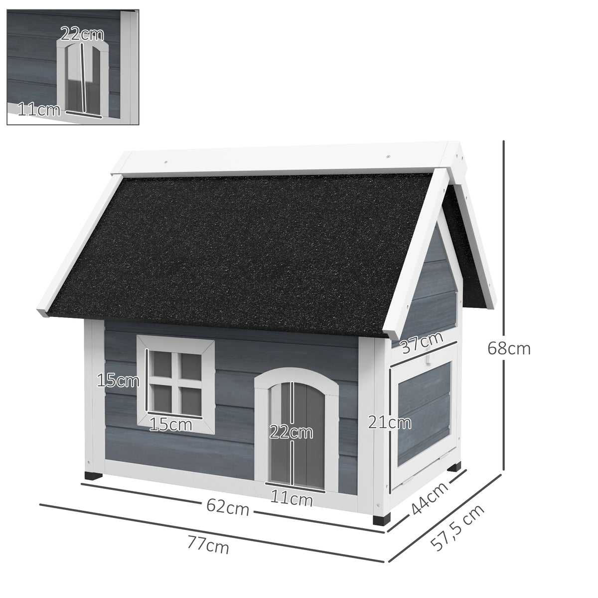 Casa para Gatos de Madeira Abrigo para Gatos com Telhado Asfáltico Rebatível Janela e Portas com Cortina Refúgio para Animais de Estimação para Exterior 77x57,5x68 cm Cinzento e Preto — foto 3