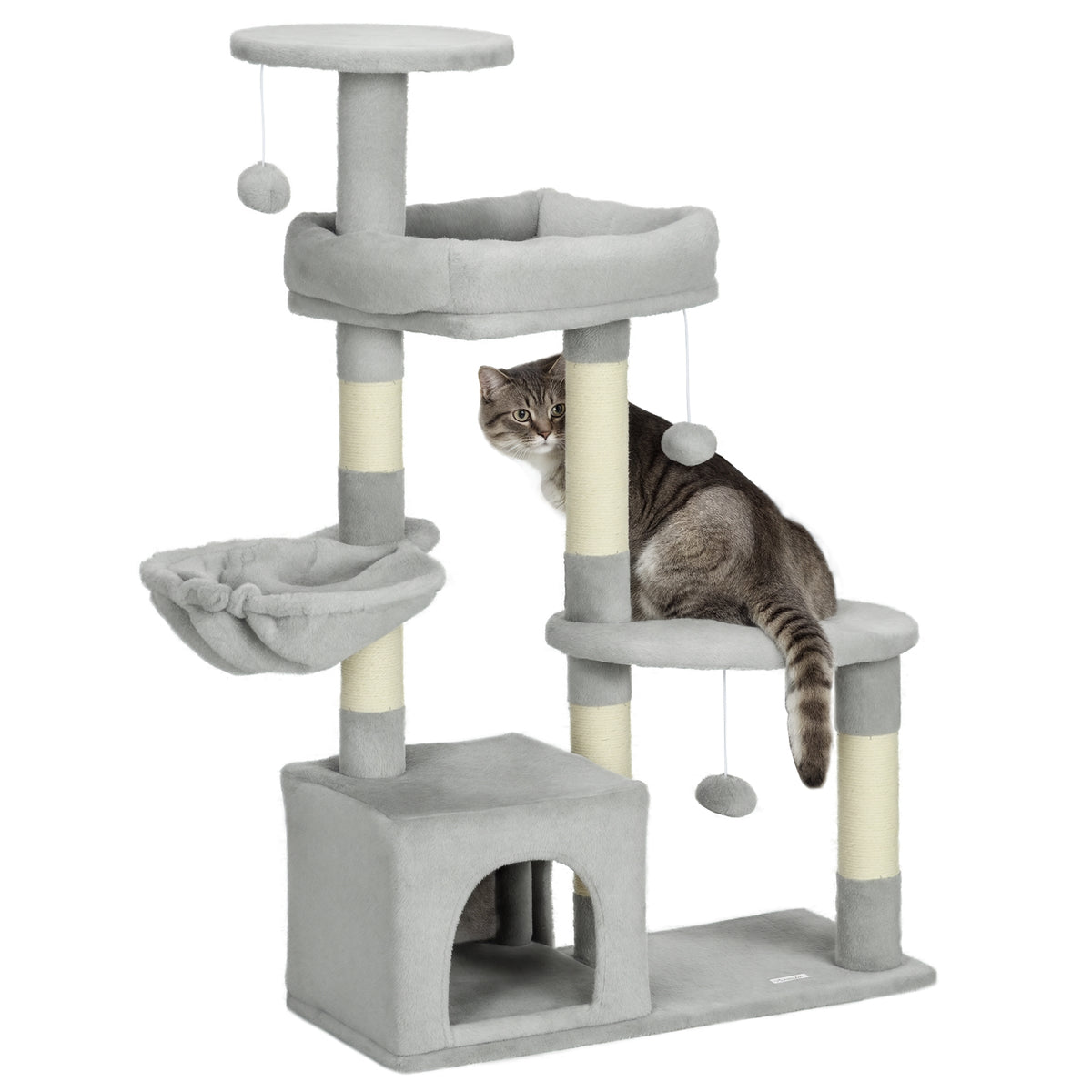 Arranhador para Gatos Altura 104 cm Arranhador para Gatos Torre de Escalada com Postes Arranhadores de Sisal Cova Plataformas e Bolas Suspensas 65x30x104 cm Cinzento Claro — foto 1