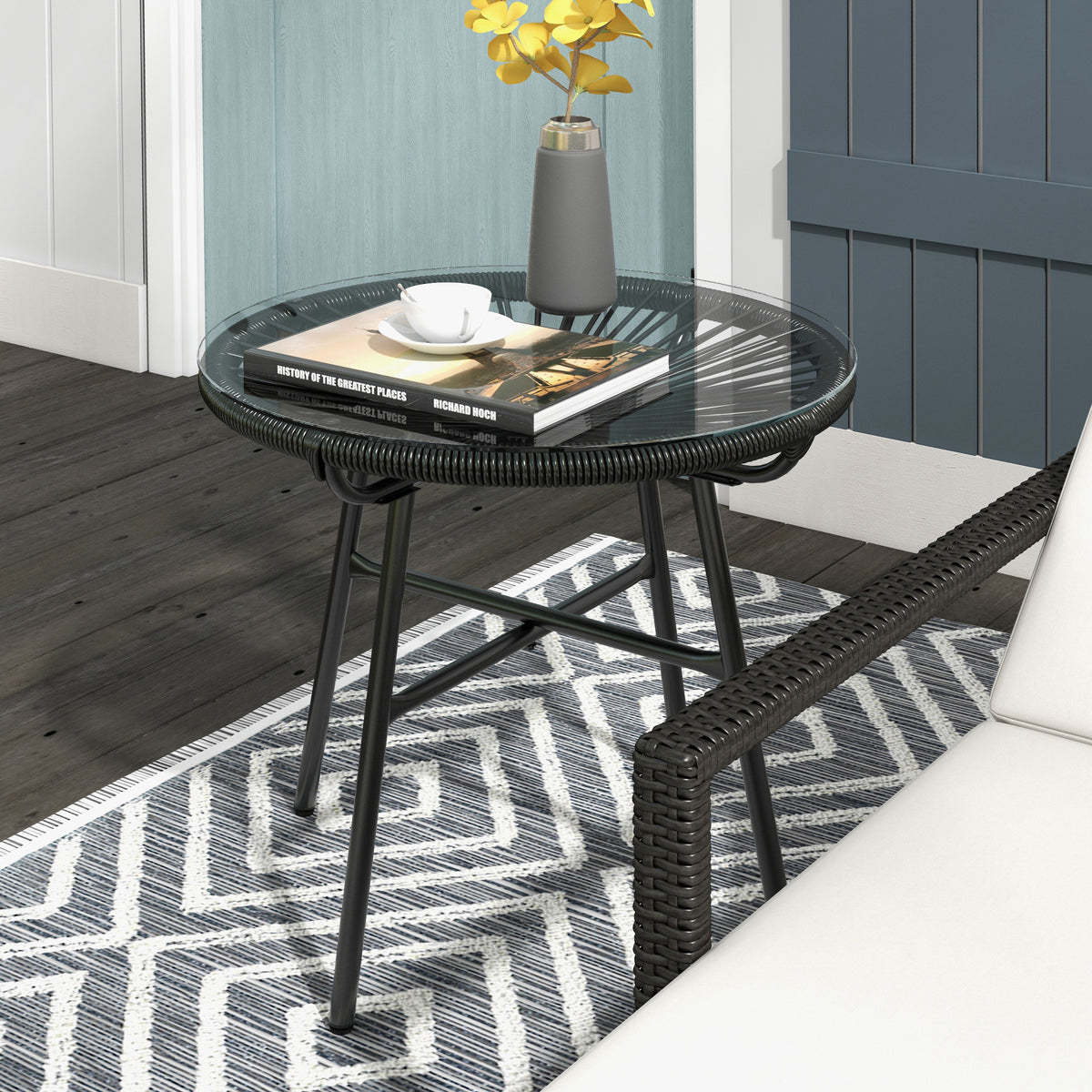 Mesa Auxiliar de Vime Sintético Mesa de Centro Redonda para Exteriores com Bancada de Vidro Temperado e Pés de Metal para Pátio Jardim Varanda Ø50x50 cm Preto — foto 2