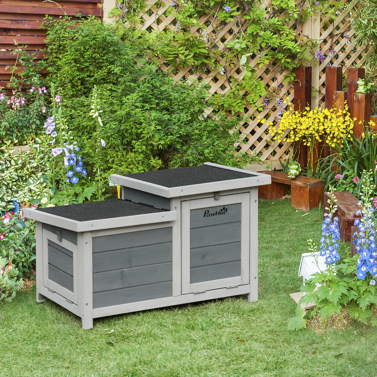 Coelheira de Madeira de Exterior Casa Elevada para Coelhos Roedores com Tetos Asfálticos Abatível e 2 Portas Convertíveis em Rampas 70x43x45cm Cinza — foto 2