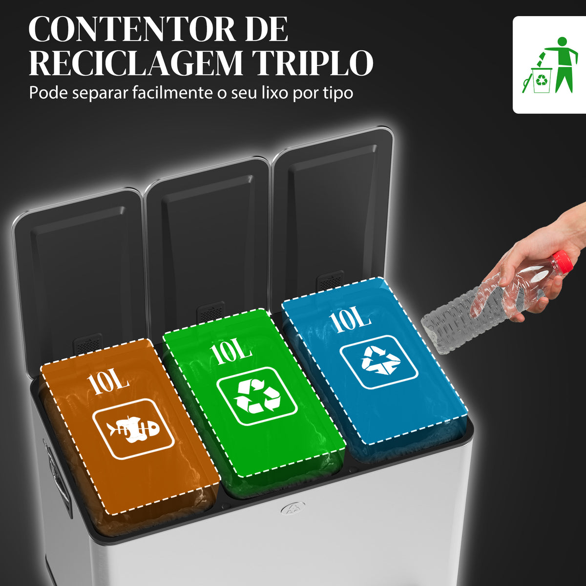 Balde de Lixo de Cozinha com 3 Compartimentos 3x10L Cubo de Lixo de Aço Inoxidável com Pedais Tampas com Fechamento Suave e Cubo Amovível para Escritório Cozinha Prata — foto 4