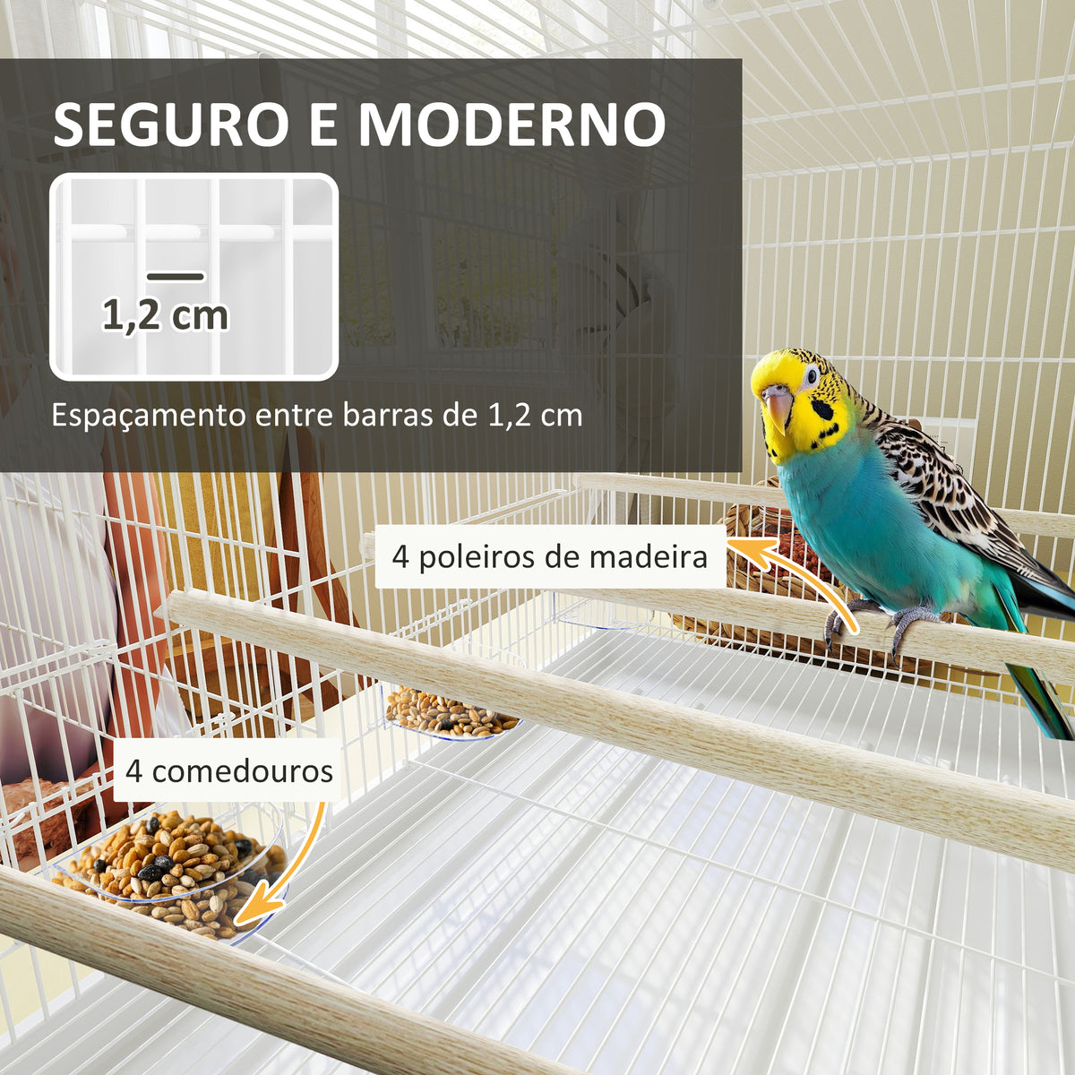 Gaiola para Pássaros com Divisória Gaiola para Aves com 4 Comedouros 4 Poleiros e Bandeja Amovível Gaiola para Canários Periquitos 76x46x46 cm Branco — foto 5