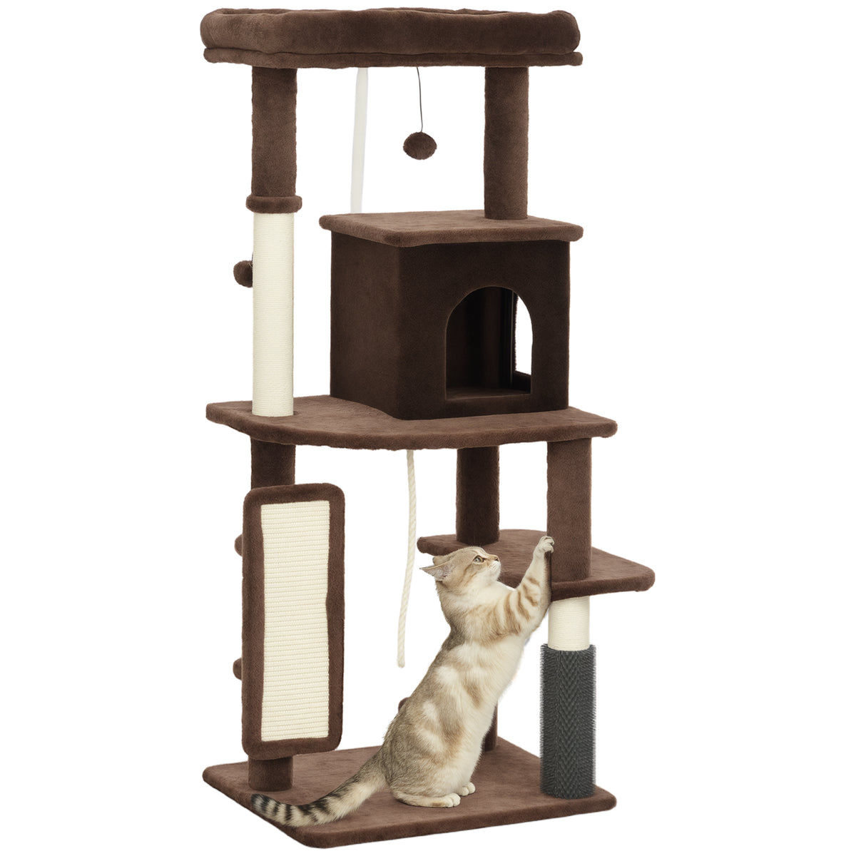 Arranhador para Gatos Grande Altura 132 cm Arranhador para Gatos com Plataformas Postes com Escova Bolas Suspensas e Almofadas para Arranhar Marrom — foto 1