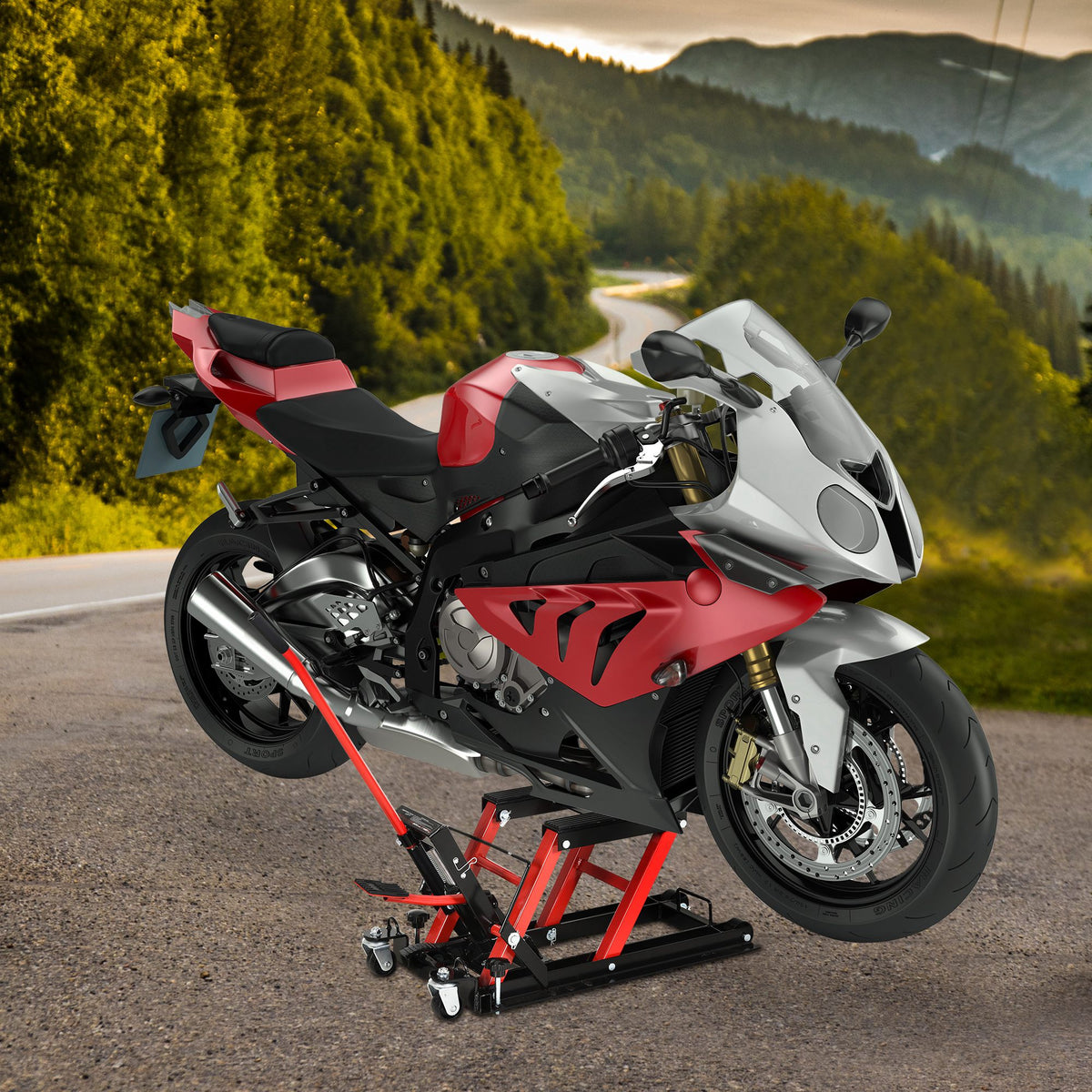 Macaco Hidráulico de Motocicletas Elevador de garagem ATV pista com plataforma Suporte antiderrapante para serviço pesado em aço 680 kg 110x36x67 cm Preto e vermelho — foto 2