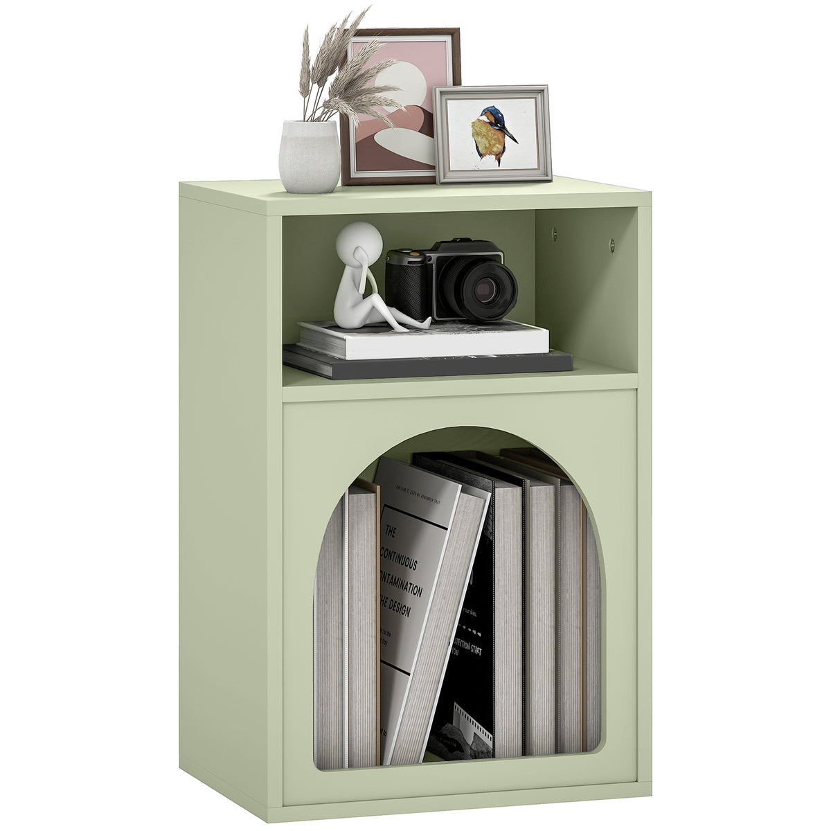 Mesa de Cabeceira Moderna Mesa de Cabeceira Estreita com 2 Compartimentos Abertos Desenho em Forma de Arco Mesa Auxiliar para Sala de Estar Quarto 40x30x60 cm Verde — foto 1