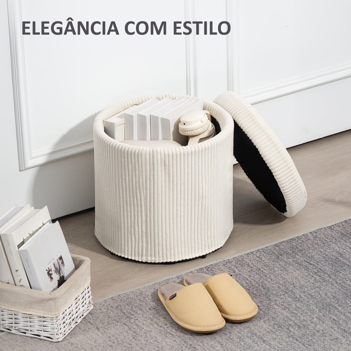 Puff de Arrumação Baú de Arrumação Redondo Estofado em Veludo Cotelê Assento Acolchoado Tampa Removível para Corredor Quarto Sala Ø40x41 cm Creme — foto 4