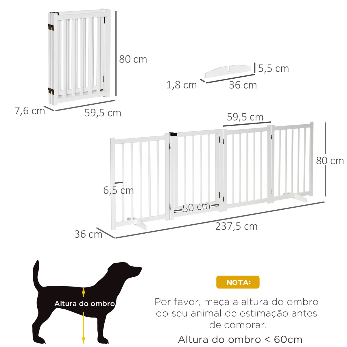 Barreira para Cães Dobrável Barreira para Cães Pequenos e Médios de 4 Painéis com Porta Barreira de Segurança em Madeira para Escadas e Corredores 237,5x36x80 cm Branco — foto 3