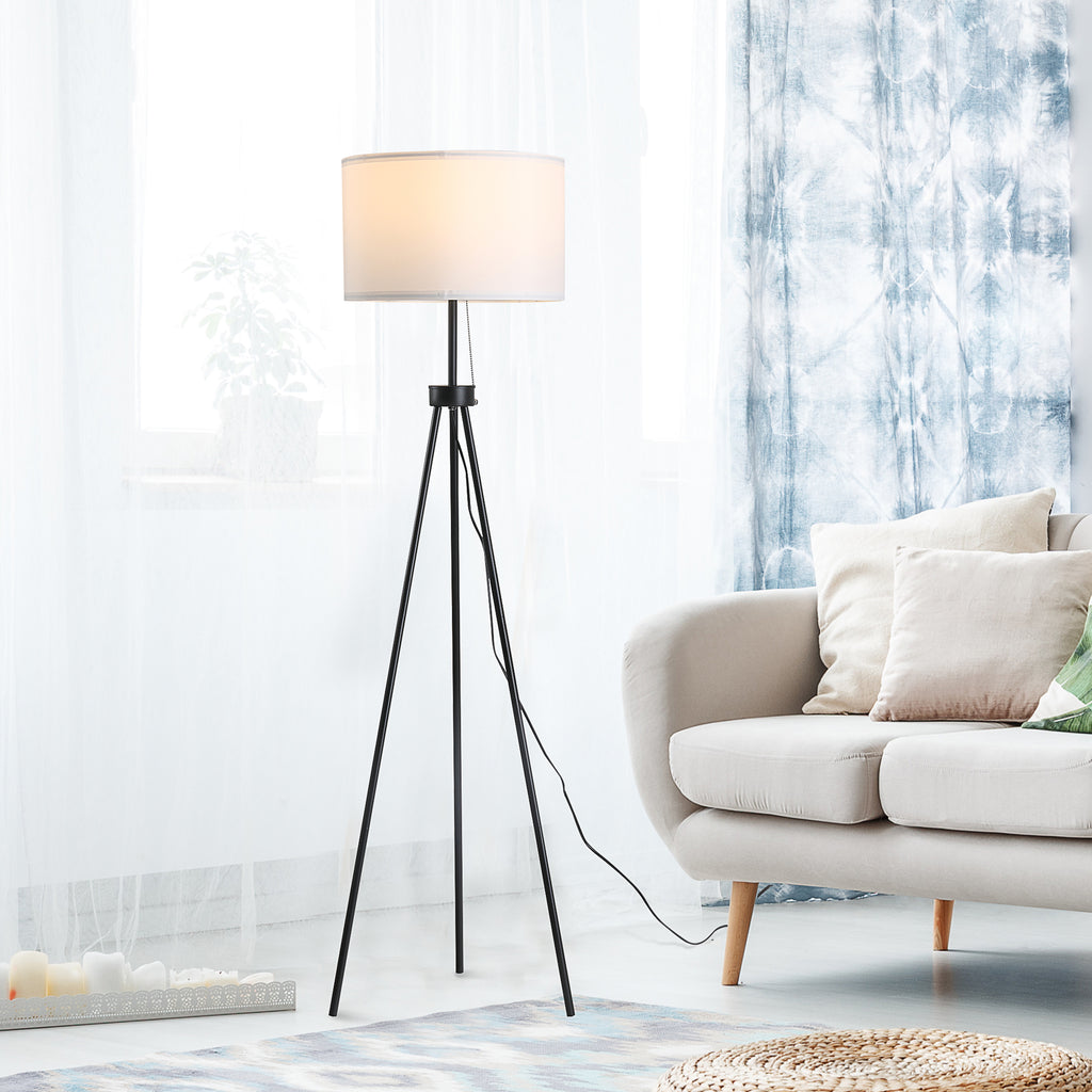 Candeeiro de Pé Moderno Candeeiro de Pé para Sala de Estar com Ecrã Redondo Tripé e Suporte para Lâmpada E27 Ø37x152 cm Branco e Preto — foto 8