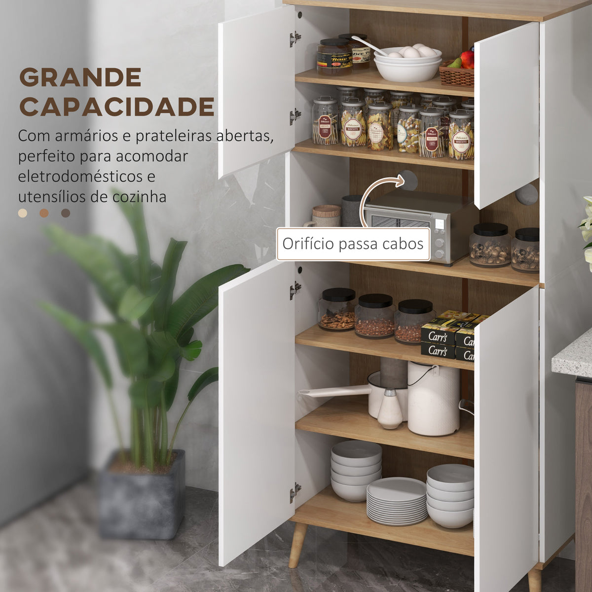 Armário de Cozinha Móvel Auxiliar de Cozinha com 4 Portas Bancada para Micro-Ondas Prateleiras Ajustáveis Orifício para Cabos e Pés de Madeira Estilo Moderno 80x40x178 cm Branco — foto 4