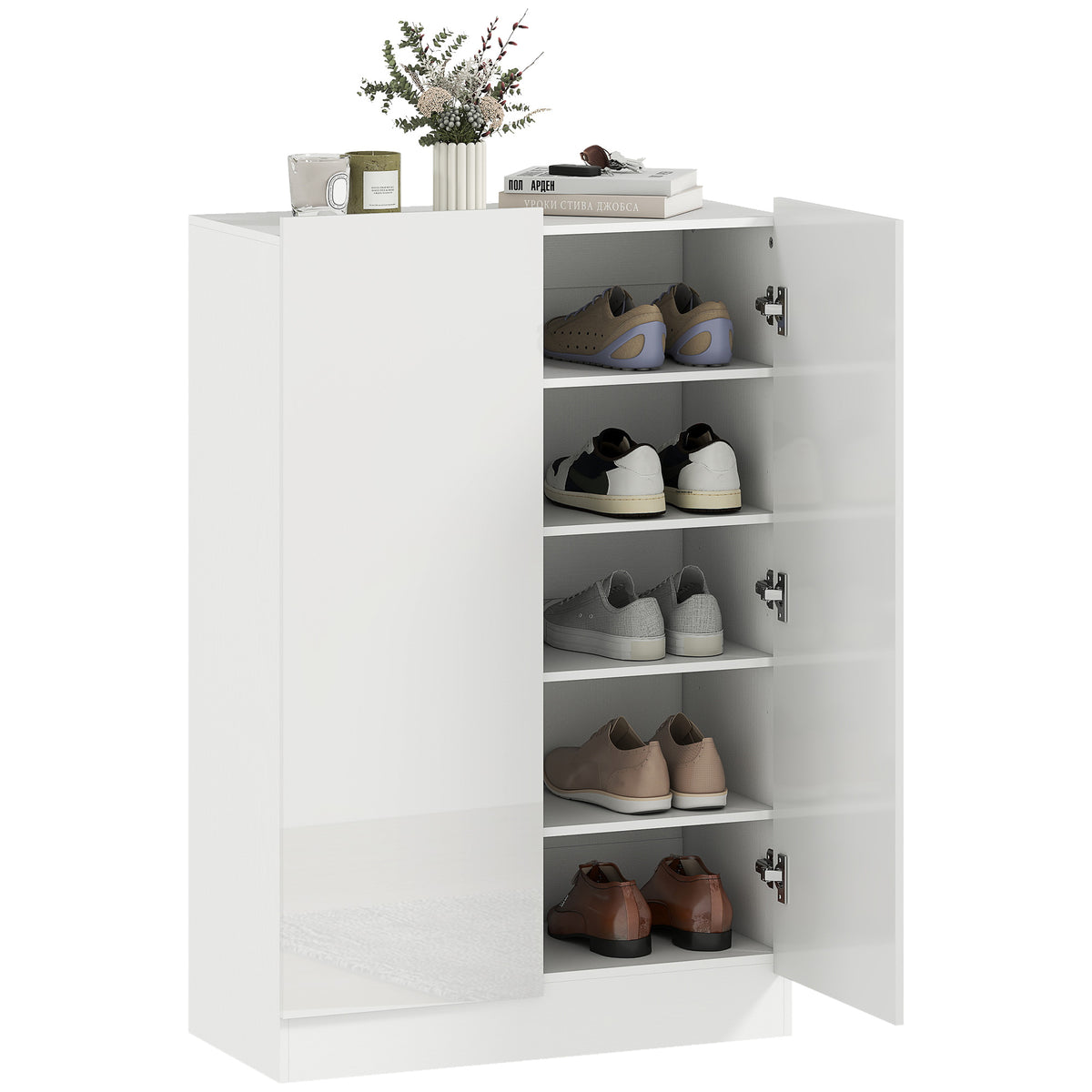 Sapateira de 2 Portas com Fecho Suave Sapateira para Entrada com Prateleiras Ajustáveis Orifícios de Ventilação para 20 Pares de Sapatos 72x34,5x103 cm Branco Brilhante — foto 1