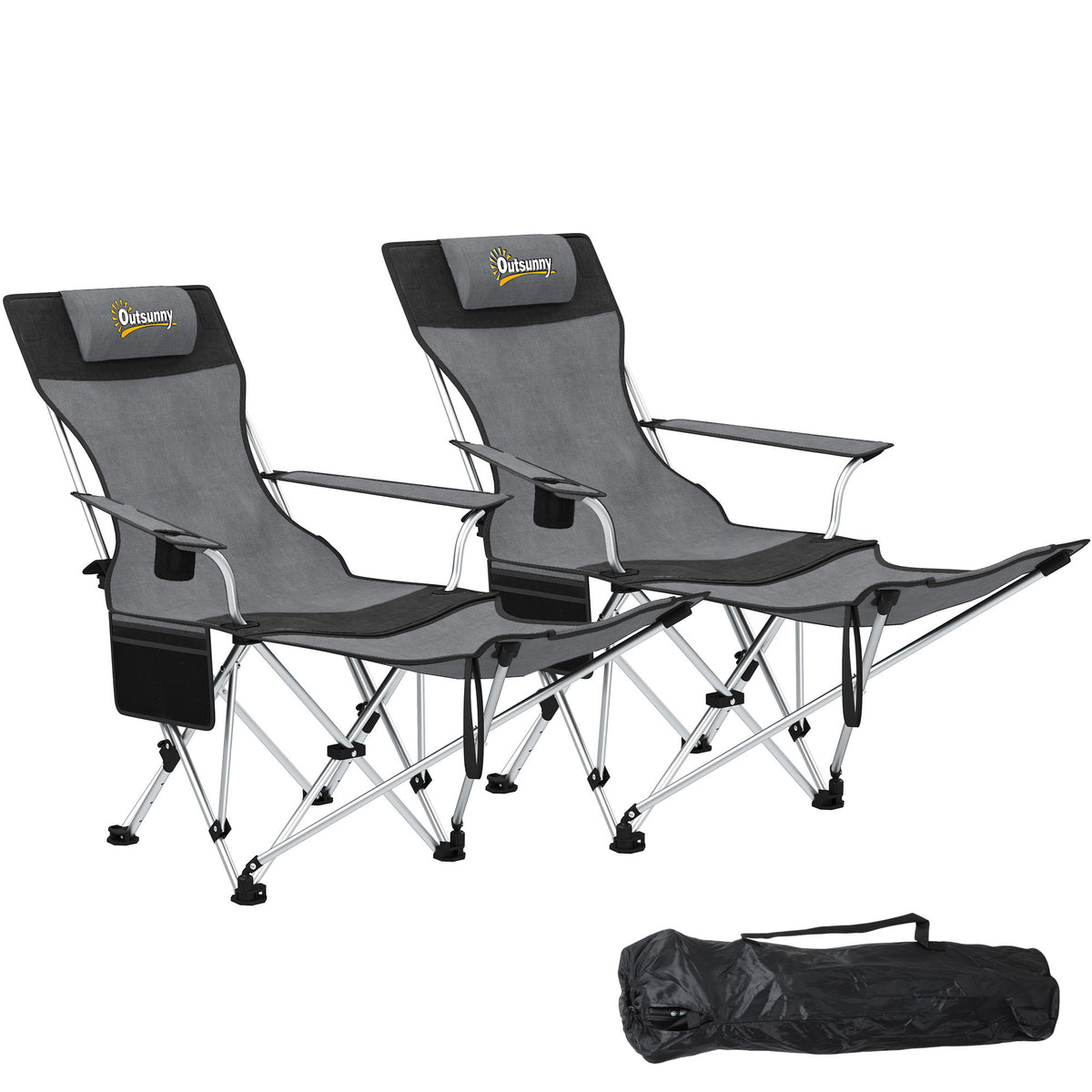 Conjunto de 2 Cadeiras Dobráveis Campismo Portáteis com Apoio para os Pés Desmontável Apoio para a Cabeça Porta-Copos e Bolsa Lateral Carga 120 kg para Jardim Praia Pesca 50-100x82x88 cm Cinza e Preto — foto 1