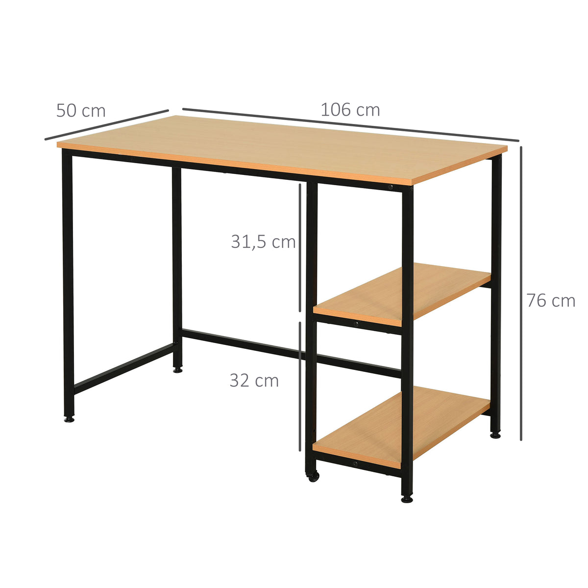 Mesa de computador para escritorio estudo com prateleiras de 2 andares Superfície grande Pernas com protetores ajustáveis Anti-derrapante 106x50x76 cm Cor Madeira — foto 3