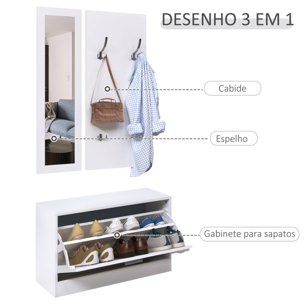 Móvel Cabide de Entrada de 3 Peças Armário de Entrada com Cabide Espelho e Sapateira 80x27x46,5cm Branco — foto 4