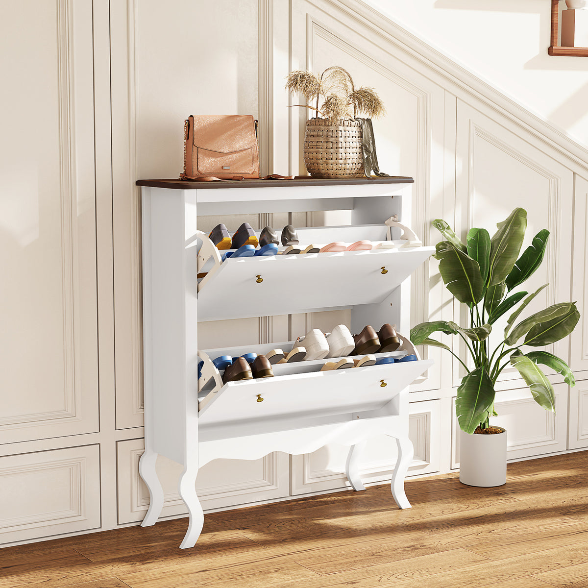 Móvel Sapateira Estilo Francês Sapateira de Entrada com 2 Gavetas Prateleiras Ajustáveis para 16 Pares de Sapato Sapateira Estreita para Corredor 84x29x109 cm Branco — foto 2
