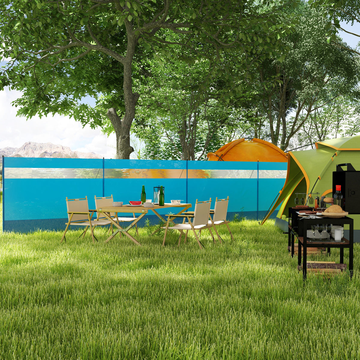 Corta Vento para Campismo de 4 Painéis 725x140 cm Para Vento para Praia com Painel Superior Transparente Postes de Aço Estacas e Bolsa de Transporte Impermeável para Jardim e Praia Azul — foto 2