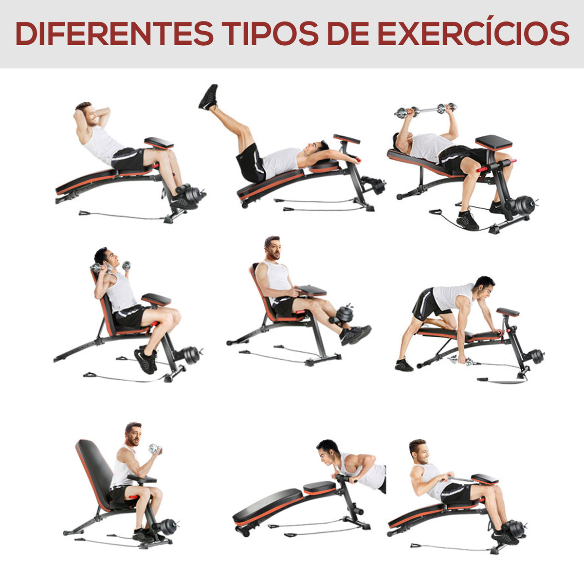 Banco de Musculação com Encosto Ajustável em 7 Posições Extensão de Pernas Apoio para Bíceps e Banda de Resistência para Treino Completo em Casa 54x160x106cm Preto e Vermelho — foto 4