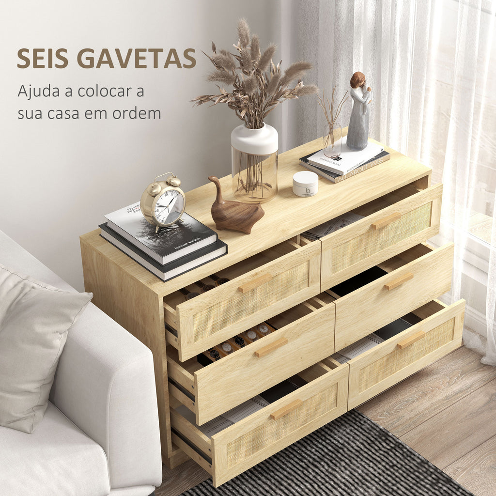 Cómoda para Quarto Cómoda de Madeira com 6 Gavetas de Vime Estilo Boêmio Cómoda para Corredor Sala de Estar Escritório 110x40x69 cm Carvalho — foto 5