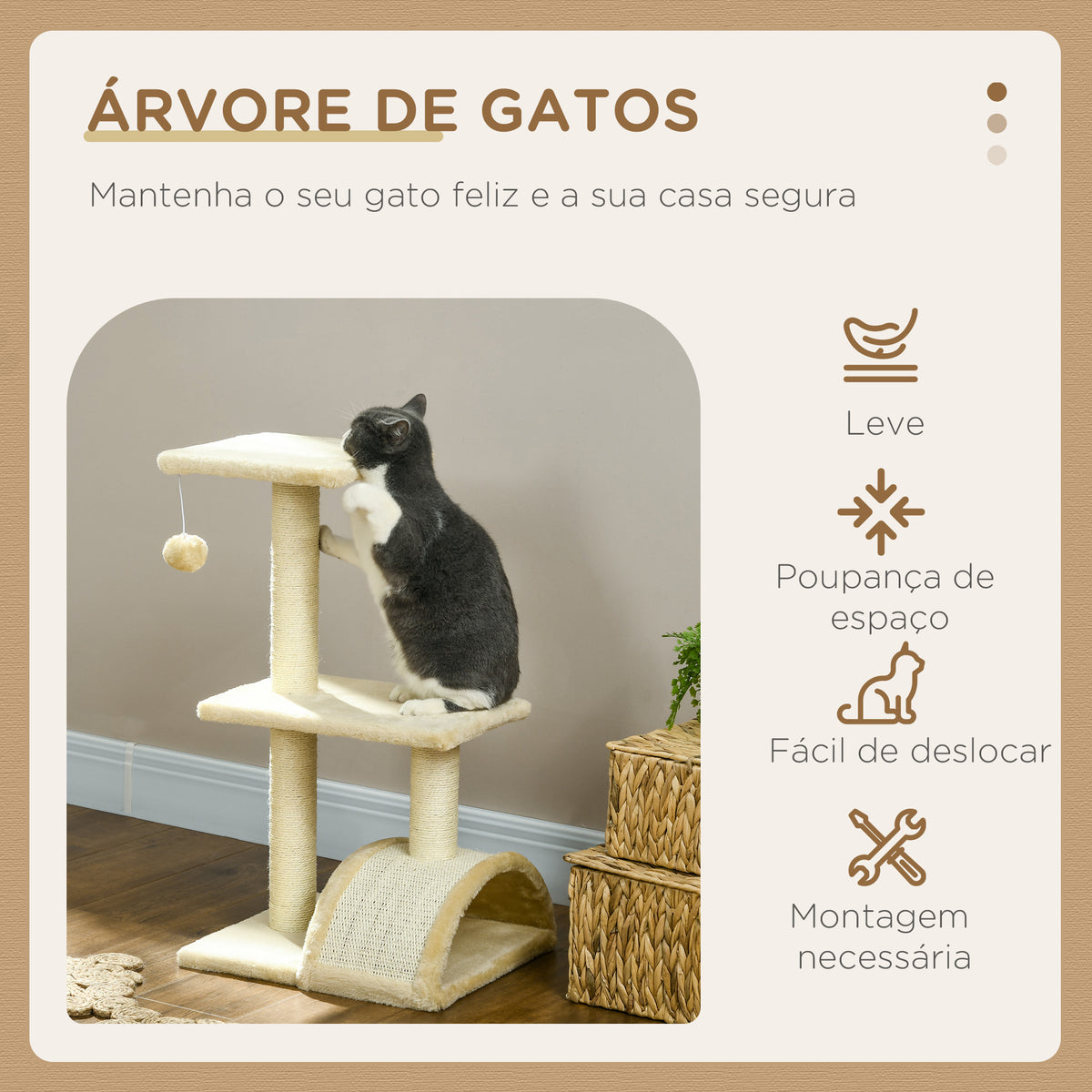 Arranhador para Gatos Médio Arranhador para Gatos de 3 Níveis Torre para Gatos com Postes de Sisal Placa para Arranhar e Bola Suspensa Creme — foto 4