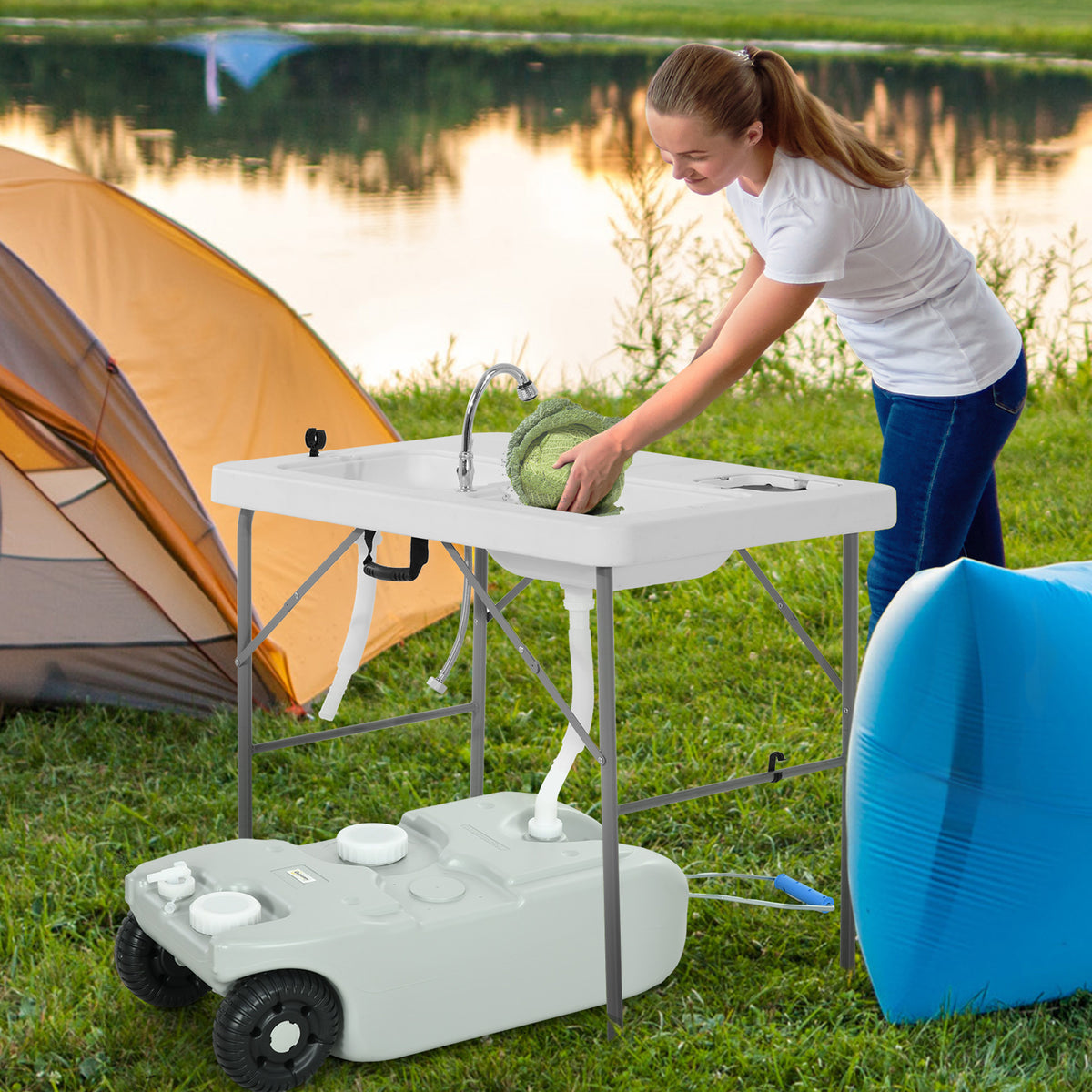 Depósito de Água 40 L com Rodas Depósito de Água Portátil com Pega Metálica e Torneira para Caravanas Autocaravanas Campismo ao Ar Livre 37x23x80 cm Cinzento — foto 2