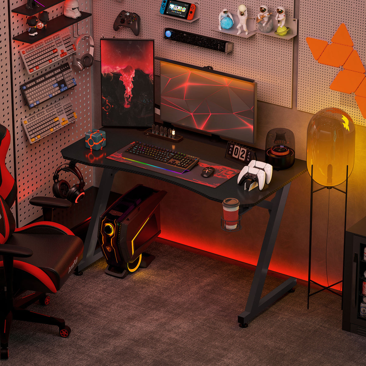 Secretária Gaming 120x65x74,5cm Secretária Gaming para Computador com Suporte para Copos Gancho para Fones de Ouvido e Pés Ajustáveis com Efeito de Fibra de Carbono Preto — foto 2