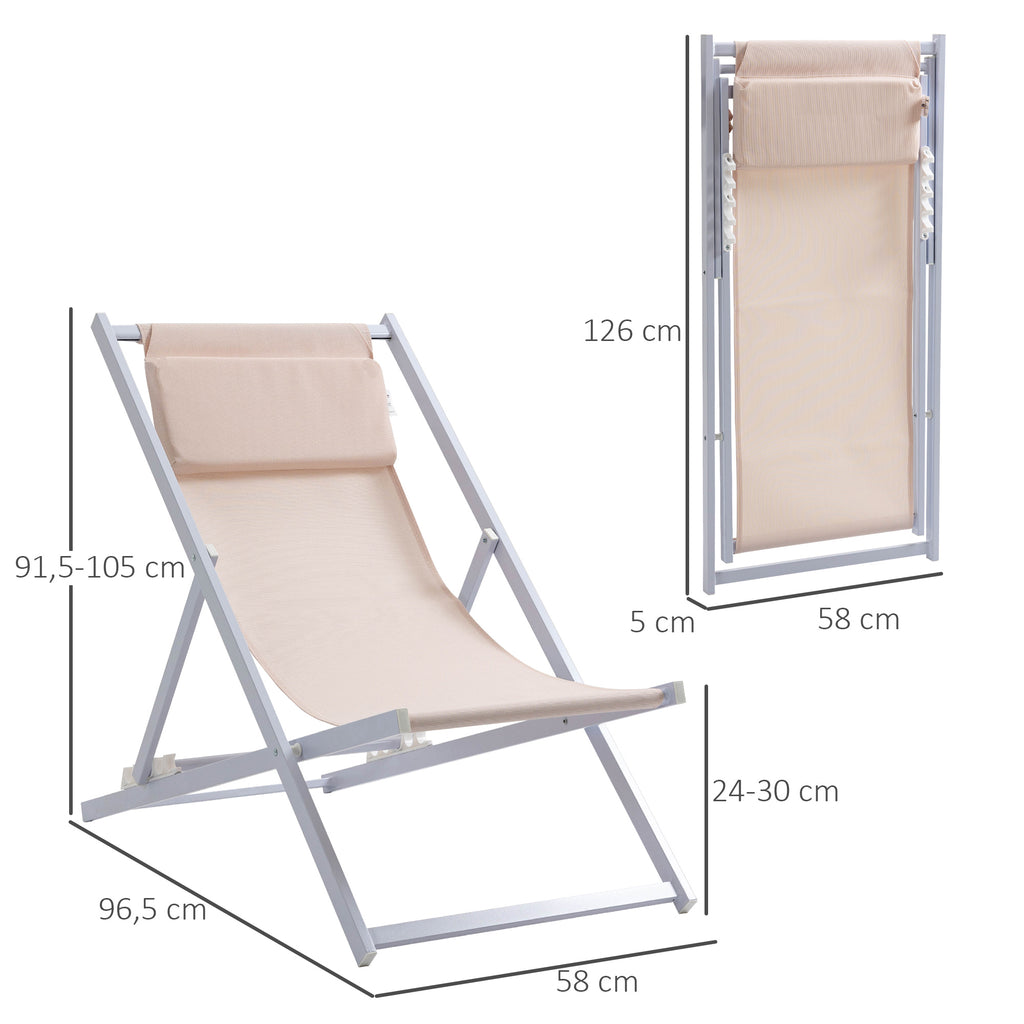 Conjunto de 2 Espreguiçadeiras Dobráveis com Encosto Reclinável em 5 Posições e Apoio para a Cabeça Acolchoado 96,5x58x91,5cm Bege — foto 3