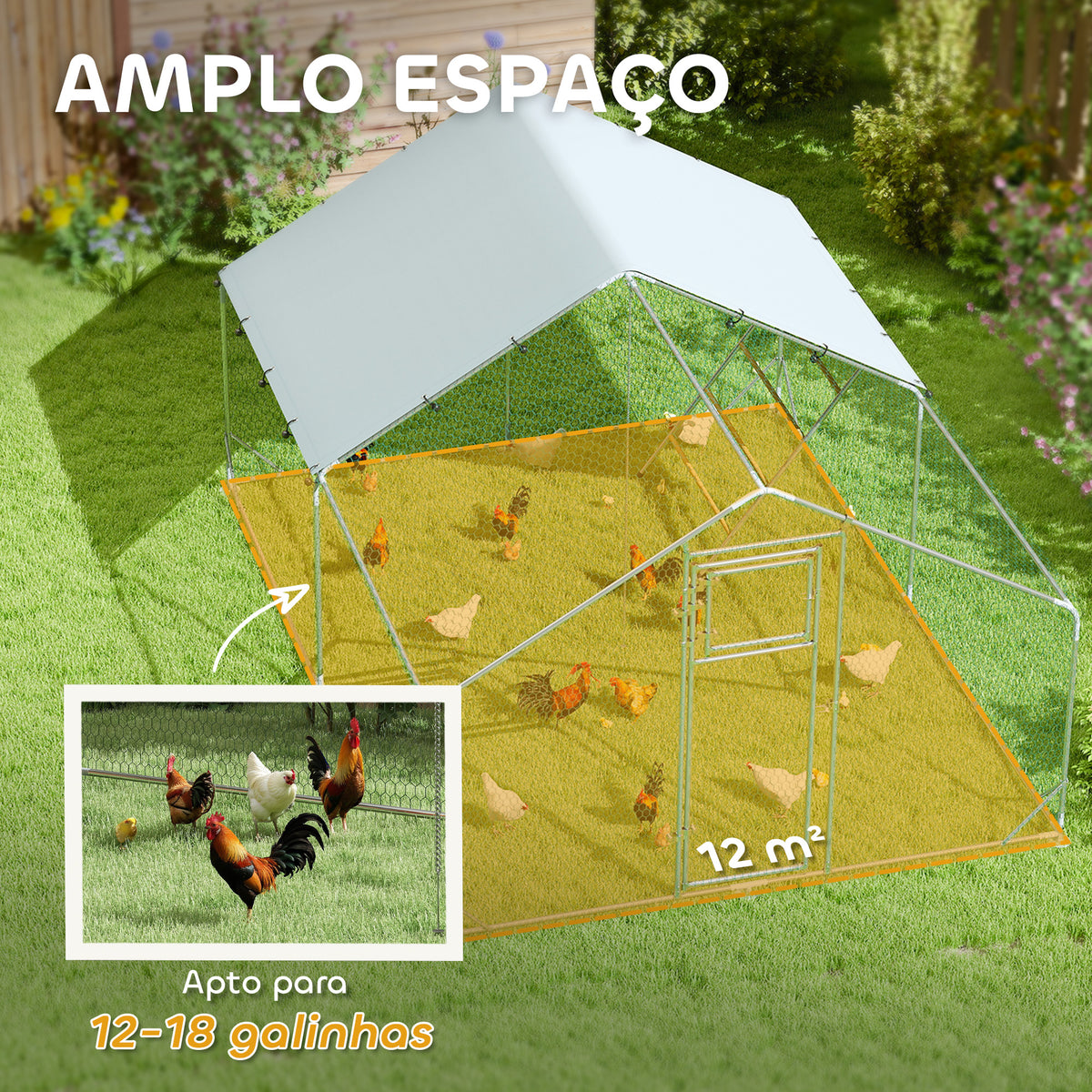 Galinheiro para Exterior 3x4 m Galinheiro de Aço Galvanizado com Comedouro Suspenso Tipo Espeto Poleiro Cobertura Anti-UV e Impermeável para Coelhos Patos Gansos Prata — foto 4