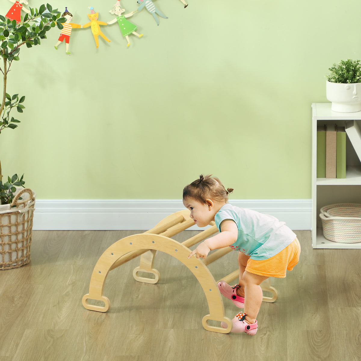 Arco de Aprendizagem para Crianças 2 em 1 Arco de Escalar para Crianças de 18-48 Meses Baloiço para Bebés Carga 50 kg 68x42x36 cm Madeira — foto 2