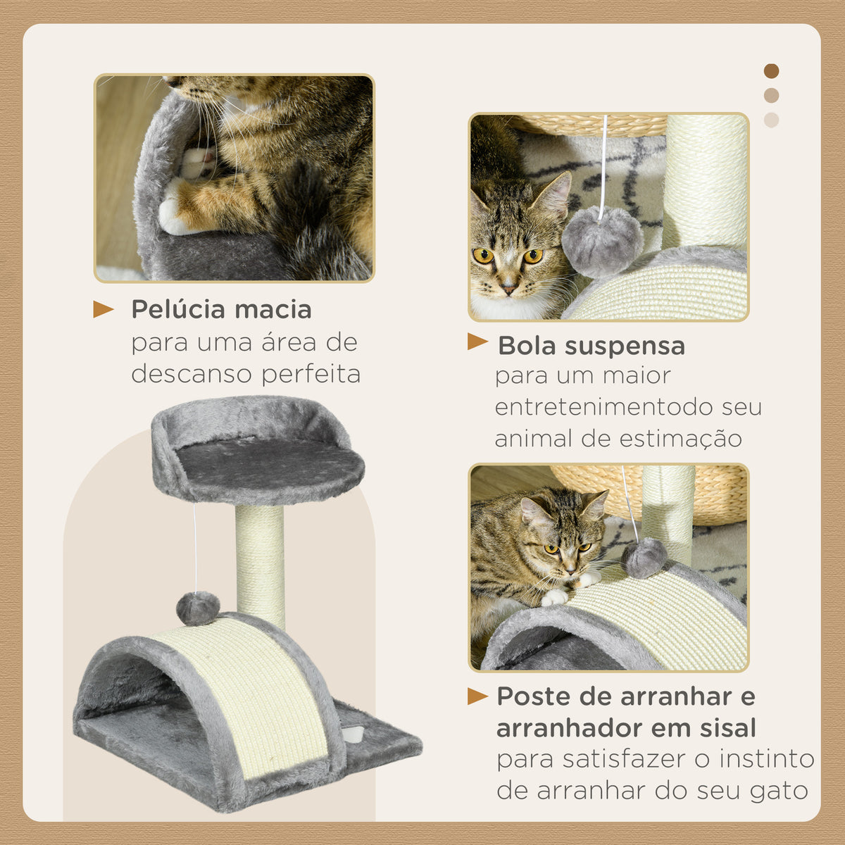 Arranhador para Gatos Pequena Altura 46 cm de 2 Níveis com Poste e Tapete de Arranhar Cama e Bola Suspensa 35,5x37x46 cm Cinza — foto 5