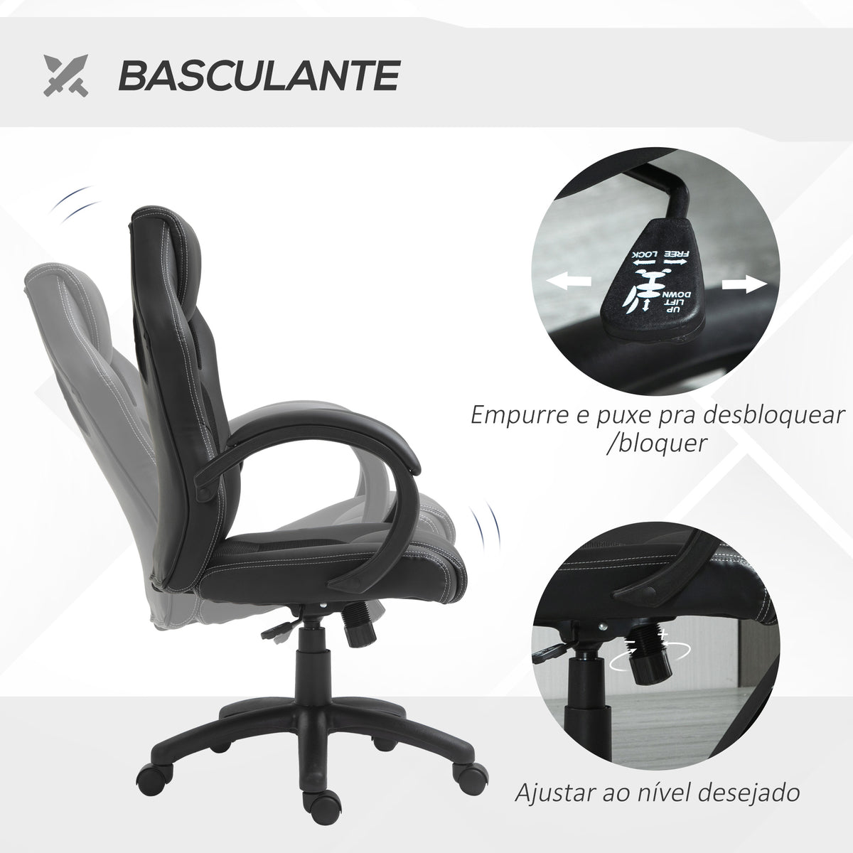 Cadeira de Escritório Ergonómica Cadeira de Escritório Giratória com Altura Ajustável Encosto Alto Estofado em Couro PU e Malha Transpirável 71x61x108-118cm Preto — foto 5