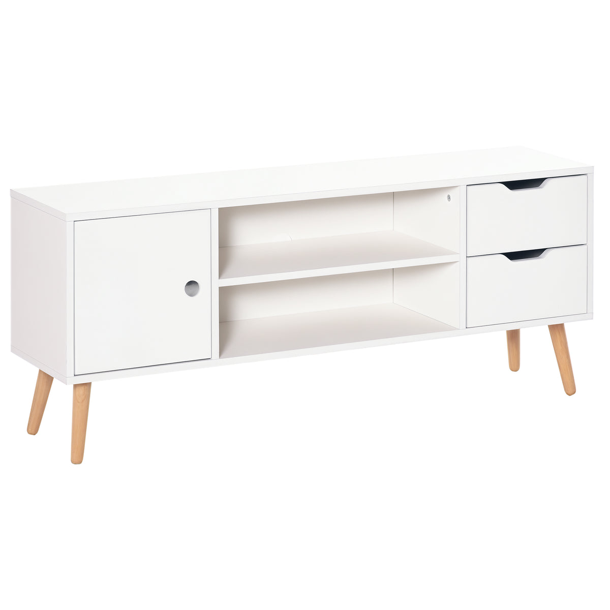 Armário de TV Grande armazenamento com armário prateleiras e gavetas abertas Carga 30 kg 120x28x44 cm Branco — foto 1