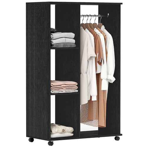 Armario de madera móvil Armario abierto con barra para colgar y 3 estantes organizadores para dormitorio 80x40x128 cm negro