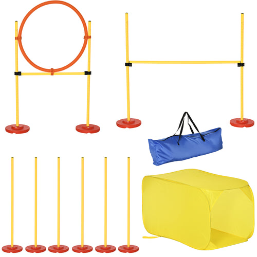 4 Obstáculos de Treinamento para Carro Conjunto de Agilidade para Animal de Estimação Altura Ajustável de Aço com Túnel de Pólos e Saco de Transporte Amarelo — foto 1