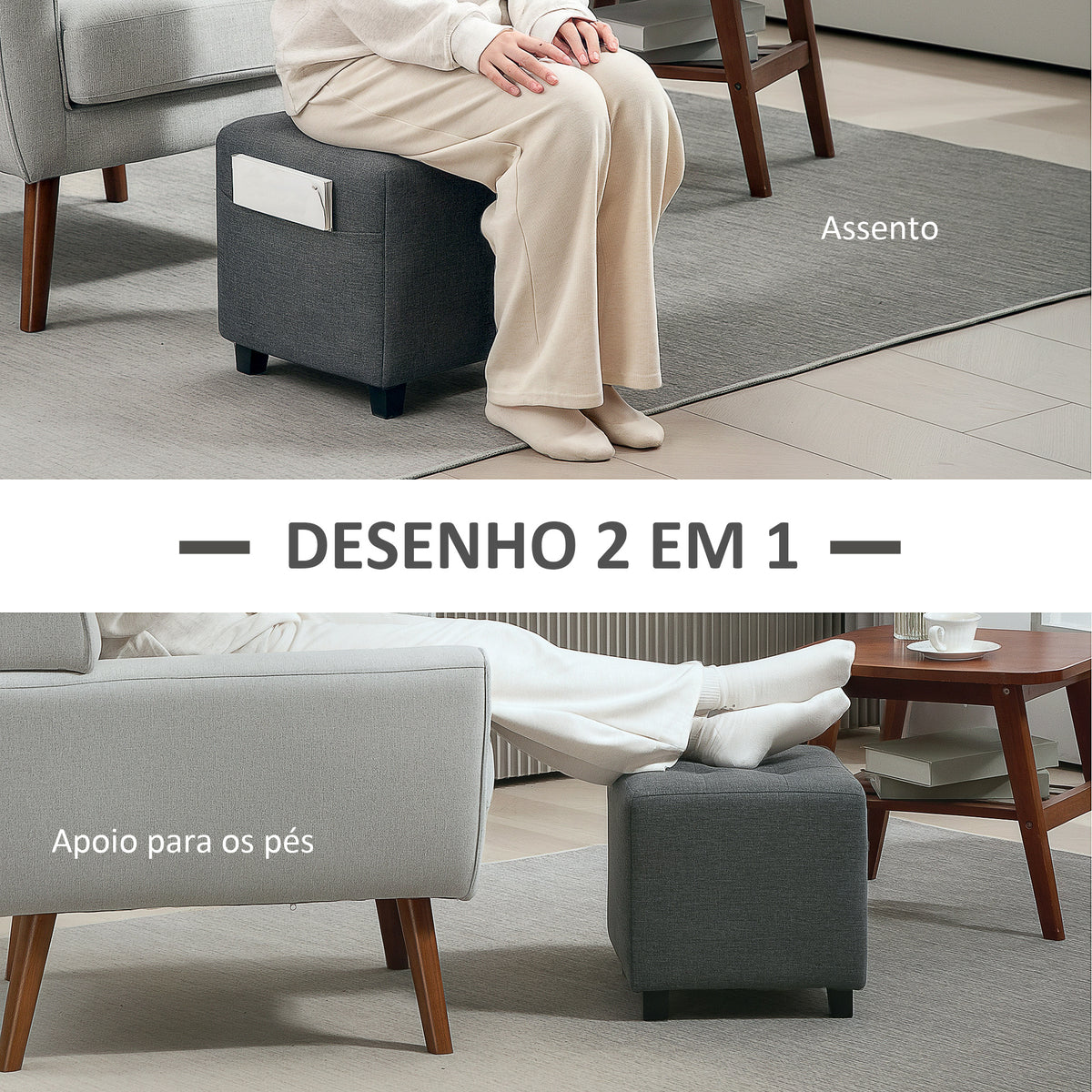 Apoio para os Pés Sala de Estar Banco Estofado em Linho com Bolso Lateral Tampa com Botões Acolchoados e Estrutura de Madeira para Sala de Estar Dormitório 35x35x35 cm Cinzento — foto 4
