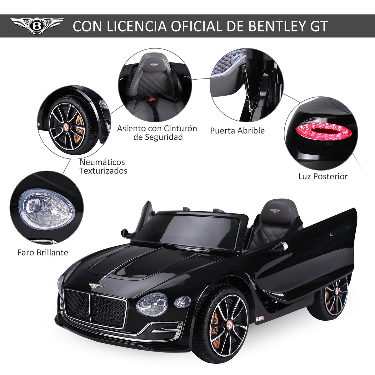 Bentley GT elétrico licenciado para crianças acima de 3 anos, 2 velocidades com controle remoto farois musica preto — foto 5