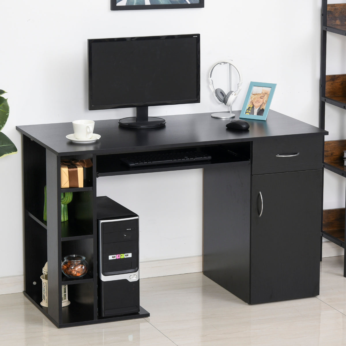 Secretária para escritório com prateleiras abertas Gabinete Suporte para CPU e bandeja removível 120x60x74 cm Preto — foto 2