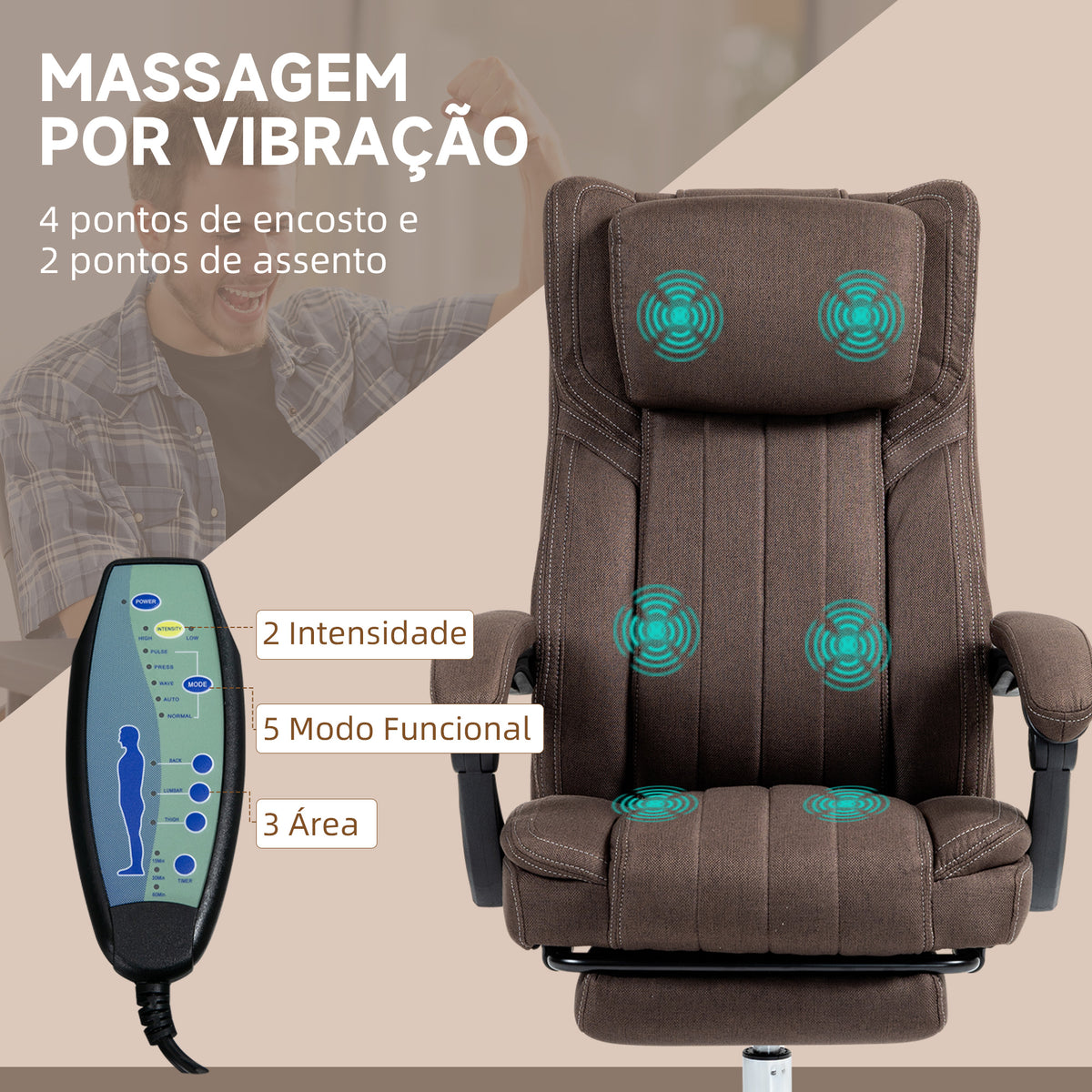 Cadeira de Escritório com 6 Pontos de Massagem por Vibração Cadeira de Escritório Reclinável com Altura Ajustável Controlo Remoto Encosto Alto e Apoio para a Cabeça 65x61x101-113 cm Marrom — foto 4