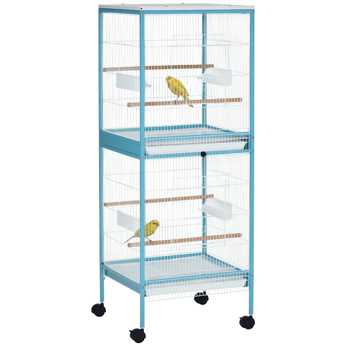 Gaiola para Pássaros com Rodas Gaiola Grande de 2 Níveis com Bandejas Removíveis Portas Comedouros Poleiros para Canários Periquitos 51,5x50x140 cm Azul e Branco — foto 1