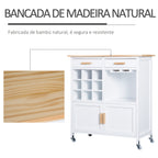 Carrinho de Cozinha Auxiliar com Rodas Carrinho de Cozinha com 2 Gavetas Suporte para 9 Garrafas Suporte para Taças Prateleira Aberta e Armário 76x40x88cm Branco — foto 6