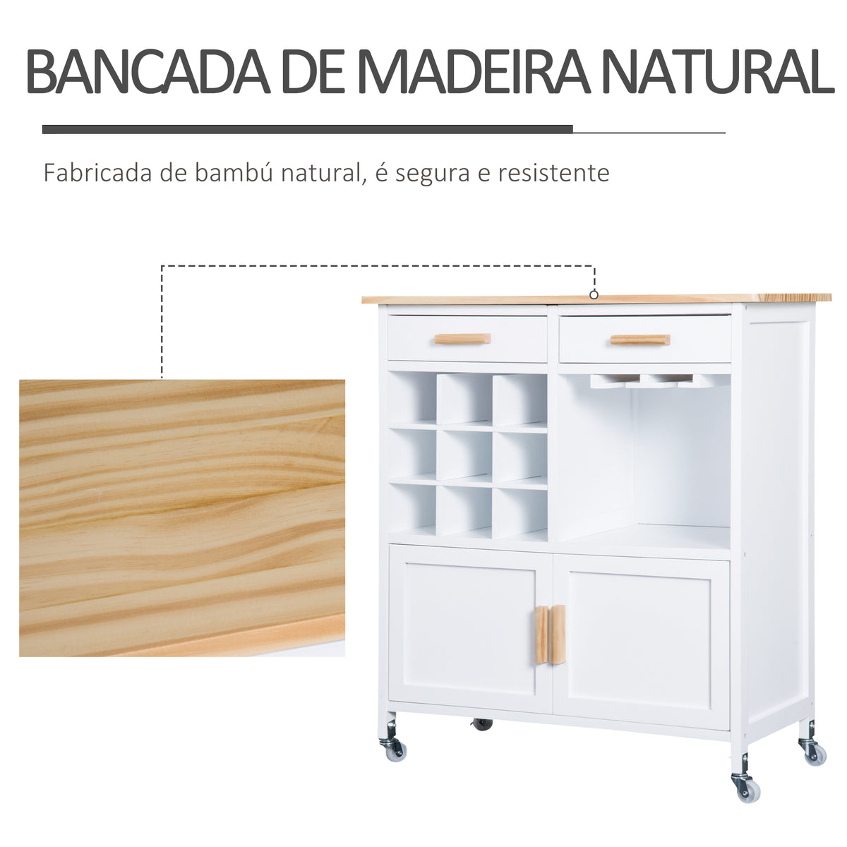 Carrinho de Cozinha Auxiliar com Rodas Carrinho de Cozinha com 2 Gavetas Suporte para 9 Garrafas Suporte para Taças Prateleira Aberta e Armário 76x40x88cm Branco — foto 6