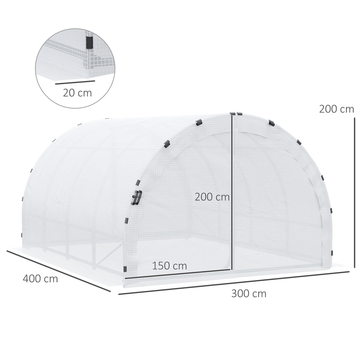Estufa Túnel para Jardim Área ao Solo 12 m² 4L x 3l x 2H m Chassi Tubular Reforçado 25 mm Porta Dupla com Alças Branco — foto 2