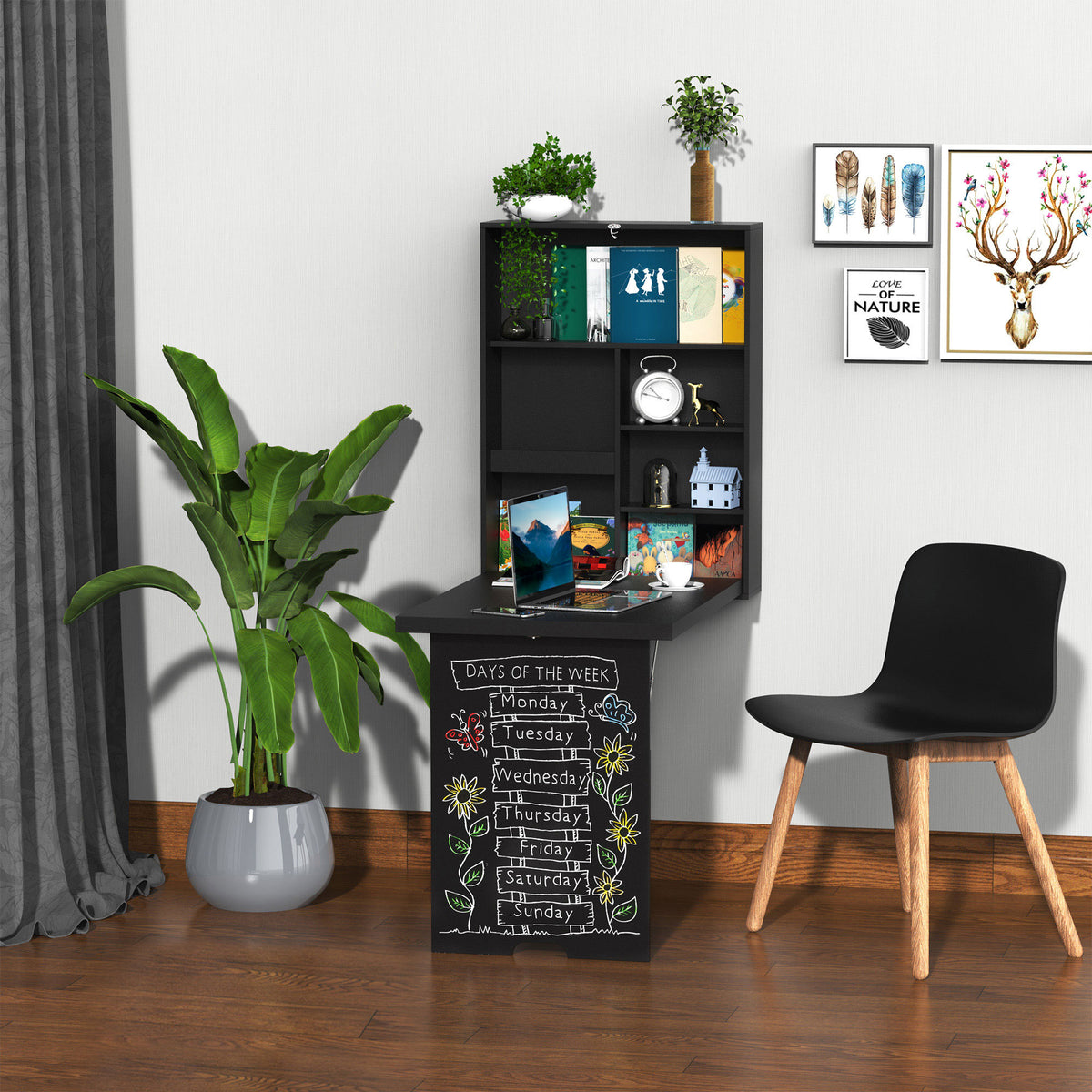 Mesa de Parede Dobrável Secretária de Parede Incl. Quadro de Escrita 60x94,5x147 cm Preto — imagem 3