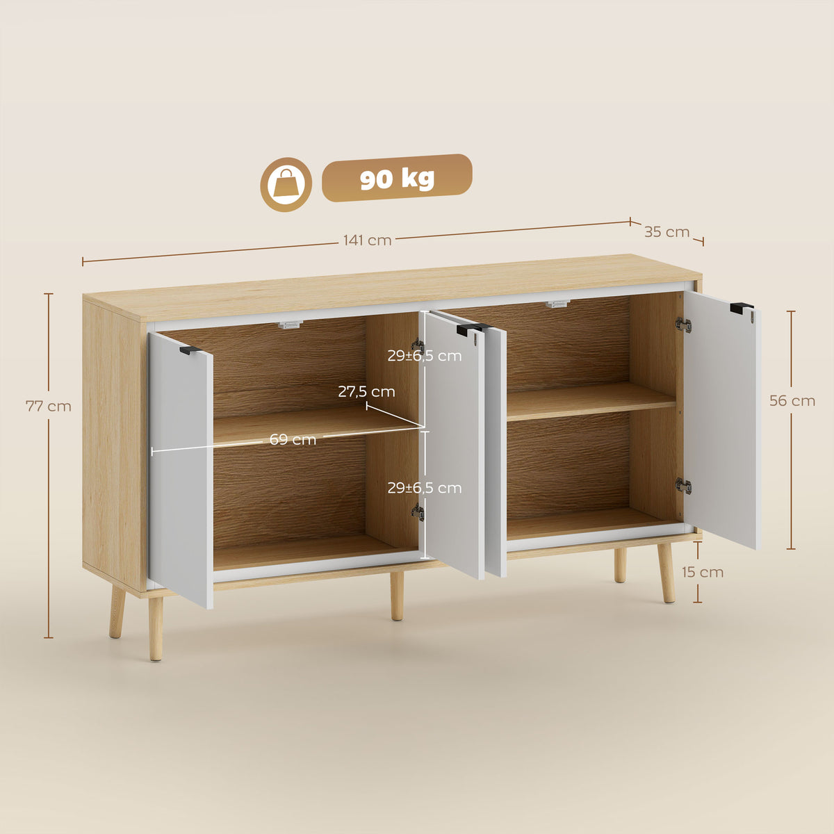 Aparador de Alto Brilho Móvel de Arrumação com 4 Portas Prateleiras Ajustáveis 141x35x77 cm Branco e Carvalho — foto 2