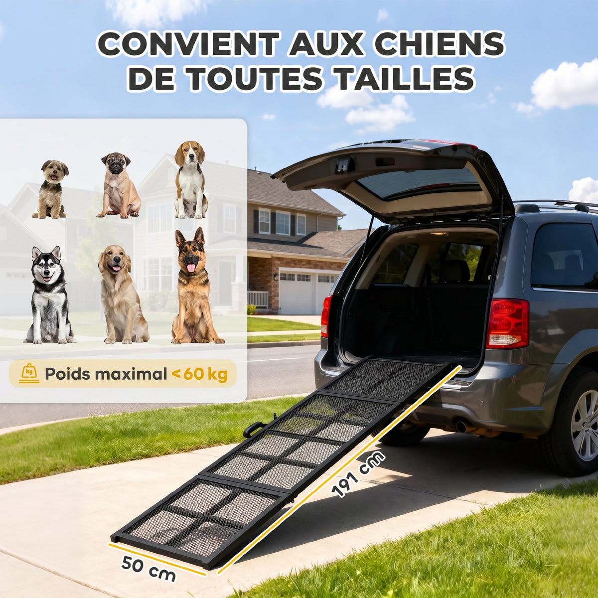 Rampa Dobrável para Cães em Aço Escada para Cães com Superfície Antiderrapante Capacidade 180 kg 191x50x4 cm Preto — foto 2