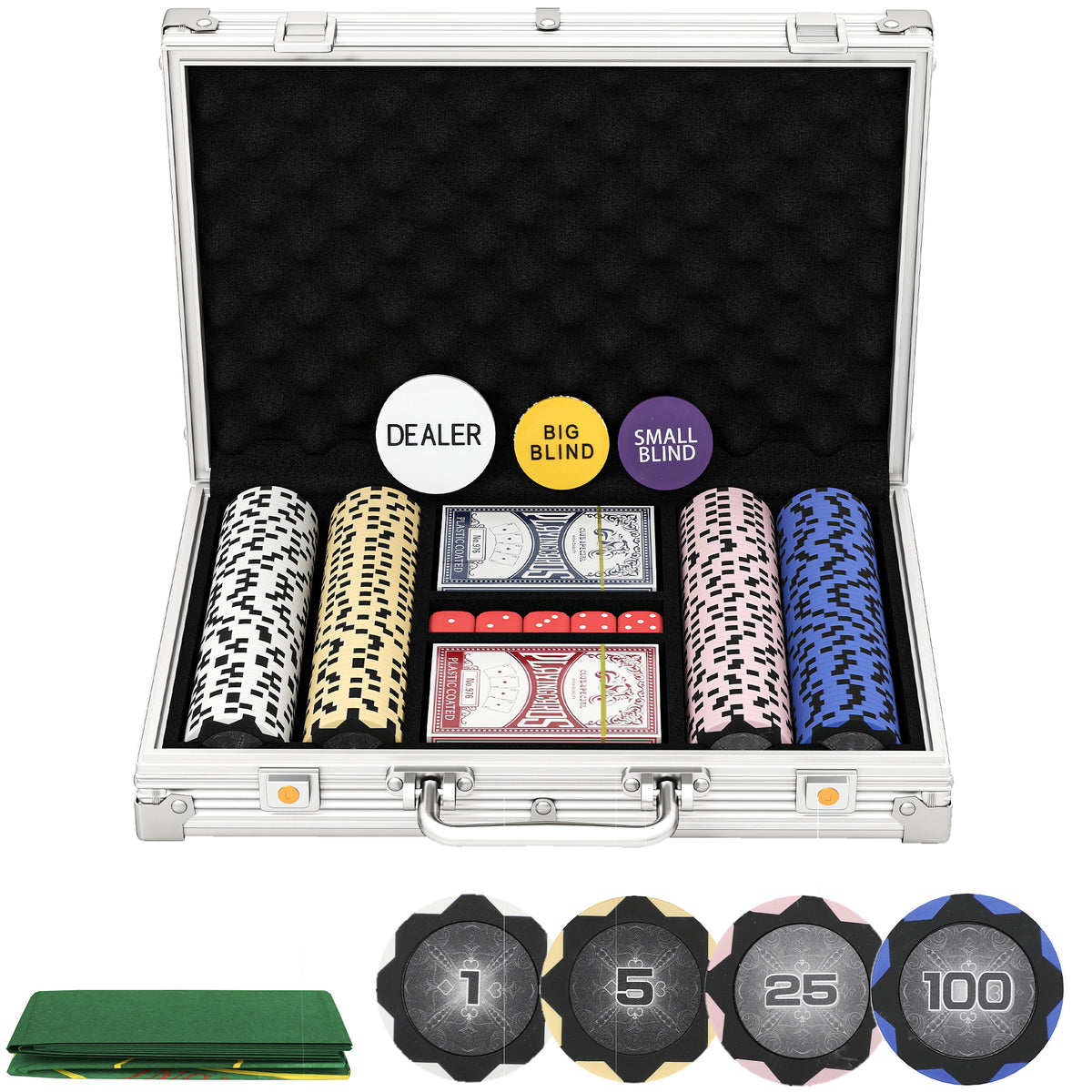 Conjunto de Fichas de Poker em Estojo, com Dados, Dealer Button, 2 Baralhos, Cor Prata — foto 1