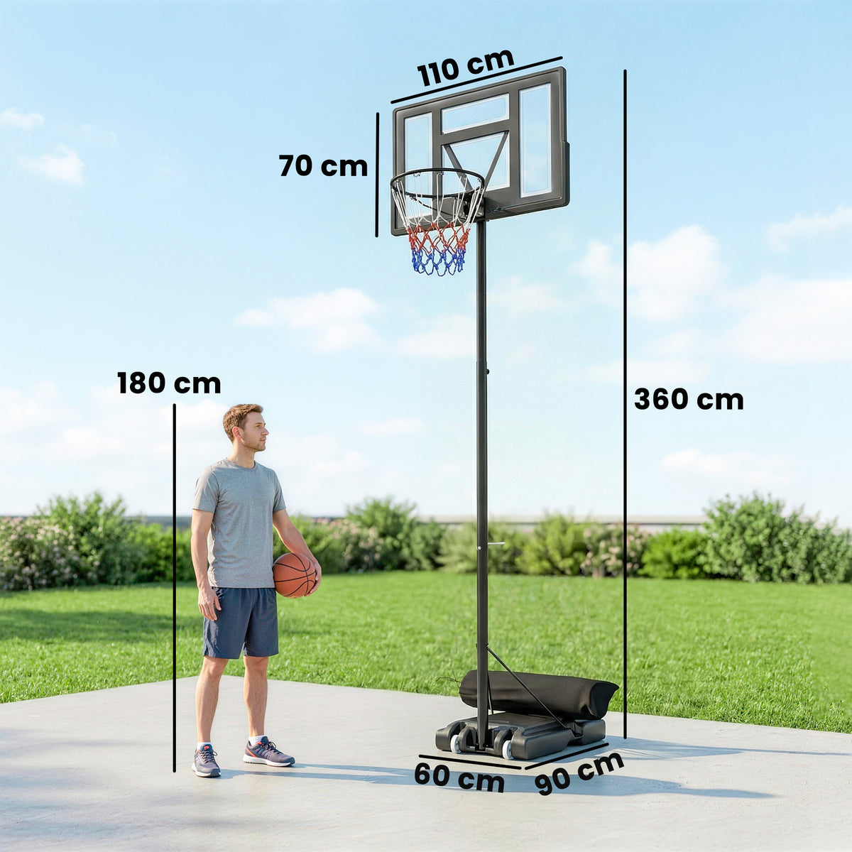Tabela de Basquetebol para Exterior 135-305 cm Altura Ajustável Rápida Suporte de Basquete com Placa Traseira 110x70 cm Resistente a Quebras 2 Rodas — foto 2