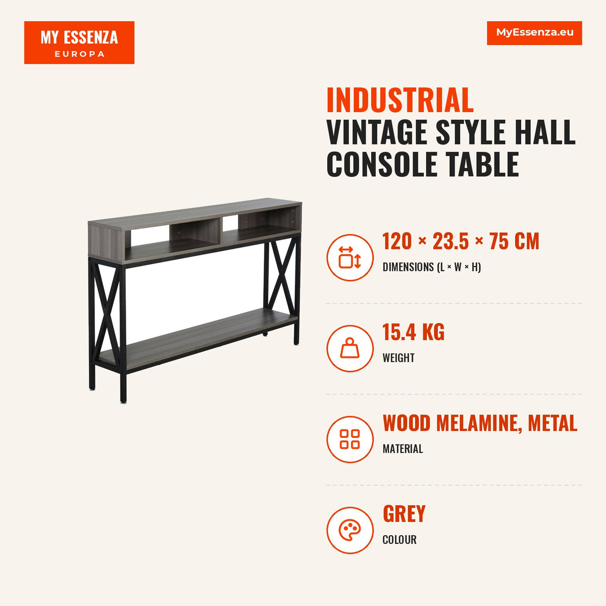 Mesa Consola Móvel de Entrada Corredor Estilo Industrial Vintage com 3 Prateleiras e Estrutura Metálica 120x23,5x75cm Cinza e Preto — Infografia | Infographic — dimensions